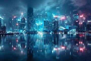 Fototapeta premium A vibrant cityscape at night with shimmering lights reflected in the water A bustling city skyline with twinkling lights and reflections in a tranquil river below