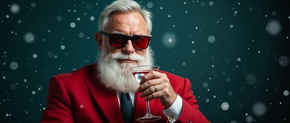 A modern Santa Claus with a white beard and red suit holding a Martini glass, surrounded by a festive ambiance, symbolizing holiday celebration and joy.

