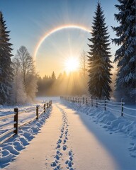 A picturesque winter landscape featuring a snow-covered path, leading towards a breathtaking sunrise.