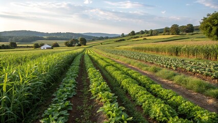 Obraz premium Sustainable agriculture techniques in an organic crop field, symbolizing eco-friendly farming