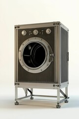 A stainless steel industrial washing machine.