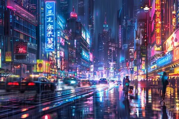 Obraz premium A bustling city street at night, with neon lights reflecting on wet pavement A bustling city street with neon lights and skyscrapers