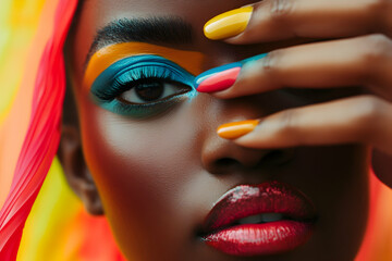 Close-up of a woman with colorful makeup and bold nail art, perfect for beauty campaigns