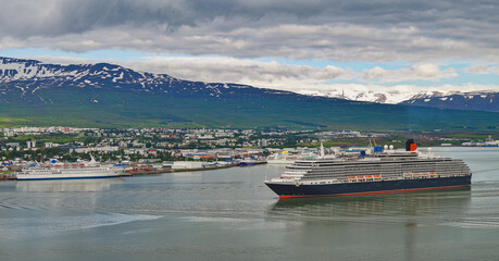 Luxury classic ocean liner cruiseship cruise ship Victoria arrival into Akureyri, Iceland during...
