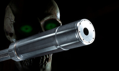 Skull with glowing green eyes behind a silencer on a dark background.