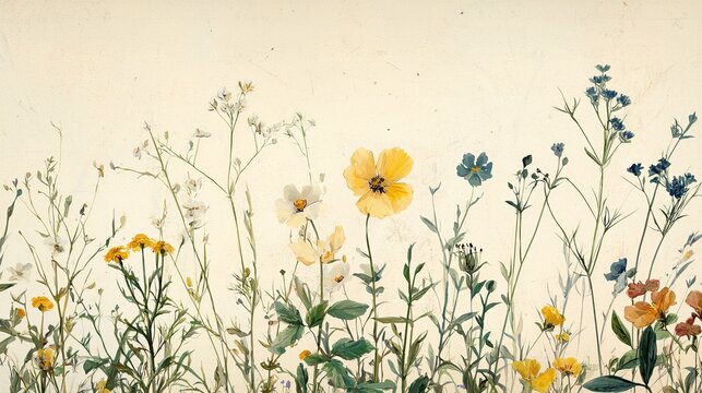 Beautiful Wildflower Illustration with Delicate Details in Soft Colors, Featuring Yellow, Blue, and White Blooms on a Subtle Textured Background for Home Decor or Design Projects