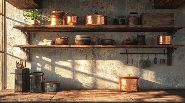 Rustic Kitchen with Copper Cookware, Wooden Shelves, and Natural Light Enhancing Vintage Culinary Ambiance in a Cozy Home Setting