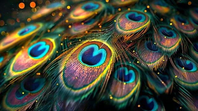 Close-up of luminous peacock feathers displaying vibrant colors and intricate patterns. Wallpaper High-resolution, Luxury and nature concept.