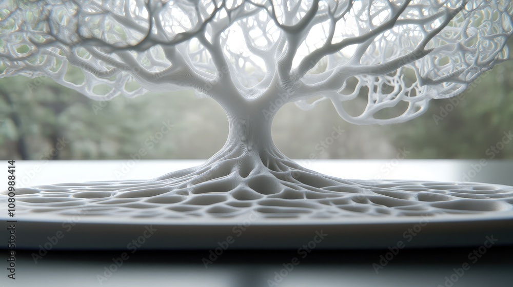 Poster intricate white tree model with openwork branches and roots on a soft focus background highlighting 