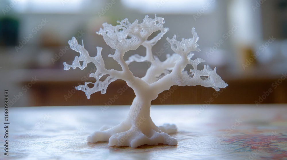 Poster delicate white sculpture of an artistic tree with intricate branches and vivid texture set against a
