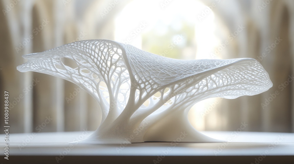 Aufkleber intricate 3d printed sculpture showcasing organic forms and complex patterns in a soft light environ