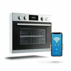 Fototapeta premium Smart oven connected to smartphone via WiFi.