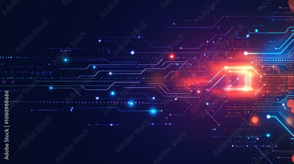 Poster abstract digital circuitry with glowing lines and dots