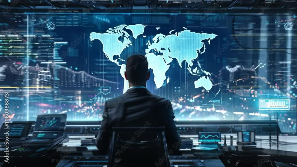 Poster professional analyst monitors global data trends in a high-tech command center during nighttime hour