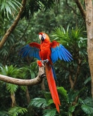 Hybrid parrot in the jungle forest. Rare form Ara macao x Ara ambigua, scarlet and green macaw form, Costa Rica. Wildlife scene from tropical nature. Bird in fly, jungle.