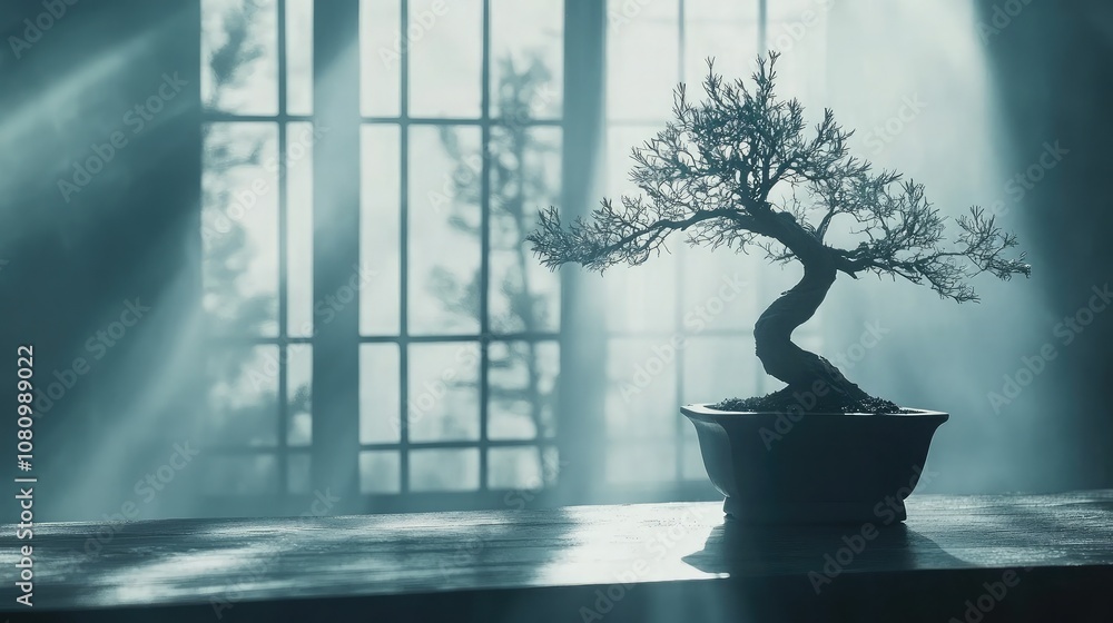 Aufkleber serene bonsai tree in sunlit room with gentle rays of light streaming through windows creating a tra