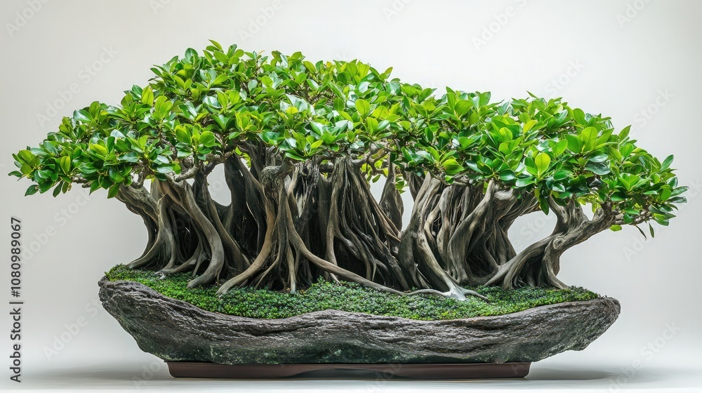 Poster beautiful and lush bonsai forest with varied green foliage and intricate root structures creating a 