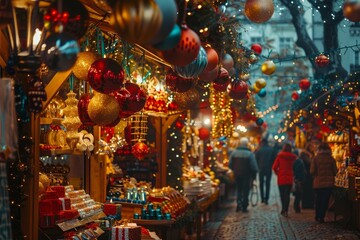 Fototapeta premium A vibrant Christmas market with colorful stalls, decorations, and crowds of people enjoying the holiday atmosphere A bustling holiday market filled with colorful decorations and festive treats