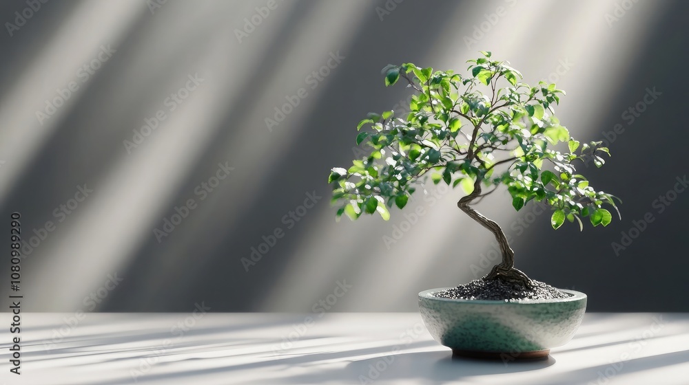 Poster beautiful bonsai tree with delicate leaves in a serene setting with soft light and natural shadows, 