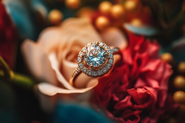 Fototapeta premium A dazzling engagement ring rests gently on vibrant flowers. This exquisite piece symbolizes love and commitment. Capture the beauty of romance in any setting. Generative AI