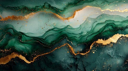 Abstract artwork featuring flowing green and gold patterns.