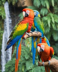 Hybrid parrot in the jungle forest. Rare form Ara macao x Ara ambigua, scarlet and green macaw form, Costa Rica. Wildlife scene from tropical nature. Bird in fly, jungle.