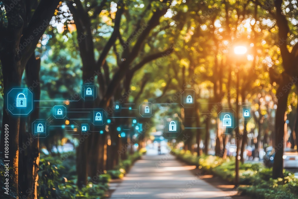Aufkleber A blurred background of a city street lined with trees and a digital network of lock icons overlayed on the path.