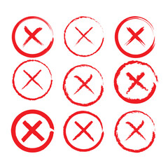 Red cross sign set. Wrong mark collection. Red cross X symbol. Red grunge X icon. Cross brush signs - stock vector.