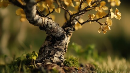 Majestic close-up of a miniature tree with delicate yellow blossoms and textured bark set against a serene blurred background, showcasing nature's beauty and detail.