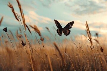 A butterfly flies gracefully through a field of tall grass, with the wind gently swaying the blades A butterfly flying gracefully through a field of tall grass