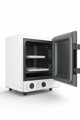 White oven with open door and empty shelves.