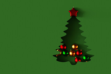 Paper Cut Out Merry Christmas Tree Illustration with colorful ornaments on Green Background. 3d render