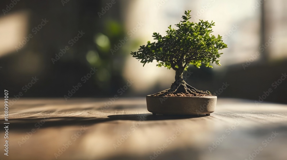 Aufkleber a lush green bonsai tree in pot on a wooden table with soft natural light and subtle shadows creatin