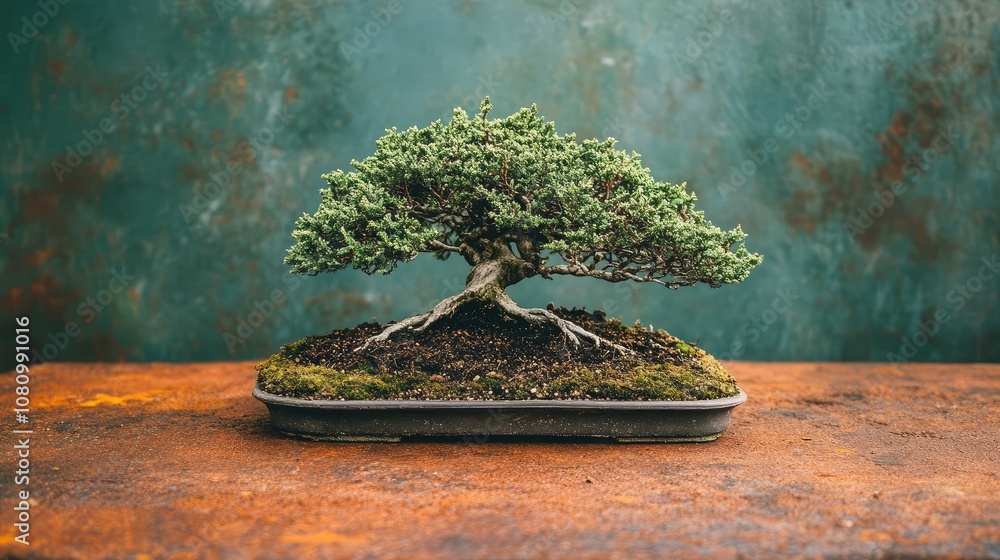 Poster serene and elegant bonsai tree displayed on rustic surface with textured background for nature, gard