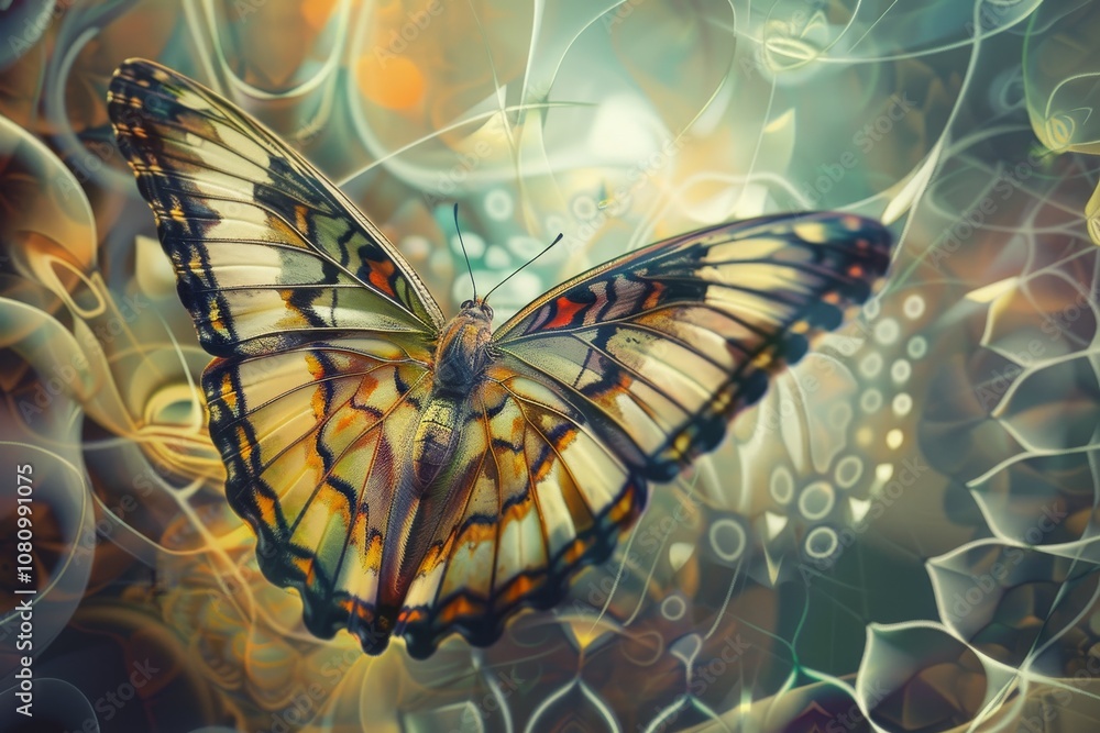 Aufkleber a butterfly with black and yellow wings floats against a background of abstract swirling patterns a 