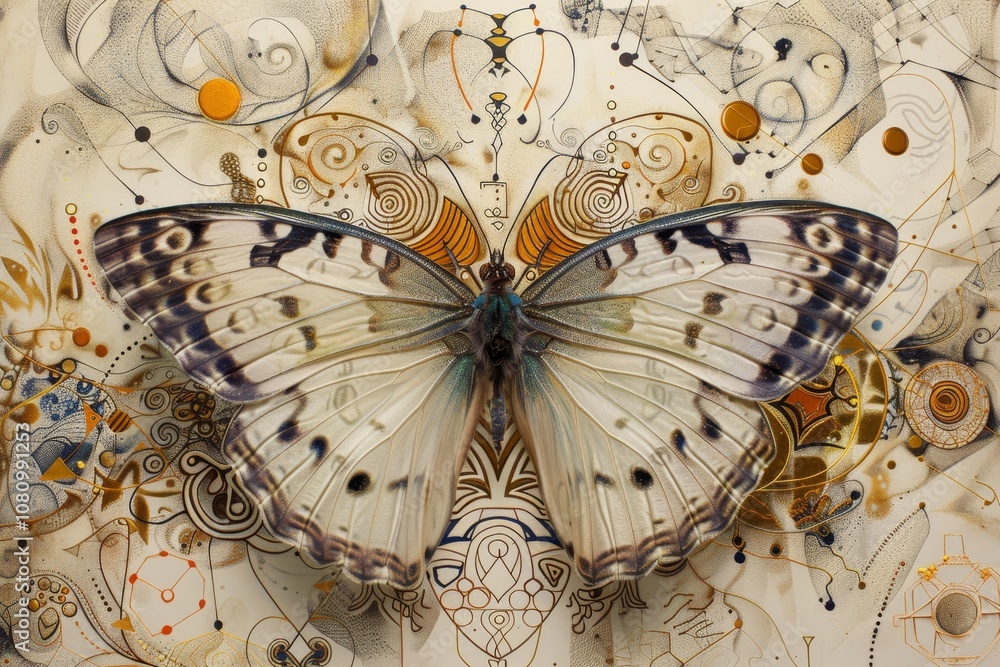 Poster a detailed drawing of a butterfly with intricate geometric patterns and swirls surrounding it a butt