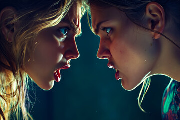 Naklejka premium A couple of young women facing each other with their mouths open