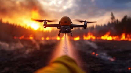 As a devastating forest fire rages on, a vigilant drone releases a stream of water over the affected area, symbolizing hope and technological progress.