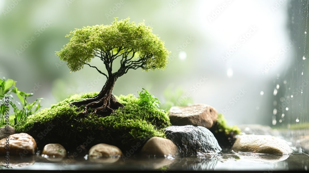 Poster serene miniature tree surrounded by lush moss and smooth stones, captured in a tranquil setting with