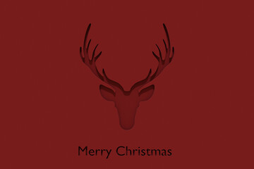 Paper Cut Out Merry Christmas Deer Head Illustration on Red Background. 3d render