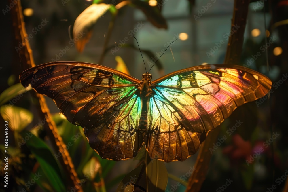 Poster a close-up shot of a butterfly with iridescent wings, perched on a leaf in a garden setting a butter