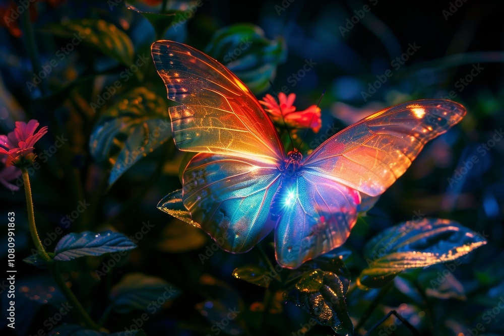 Poster a close-up shot of a butterfly with iridescent wings, showcasing the changing colors of its wings as