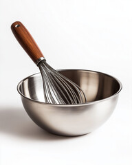 Hand-held metal whisk with polished wooden handle resting against a reflective metal mixing bowl, showcasing intricate wire loops and wood grain, high-resolution on clean white background.