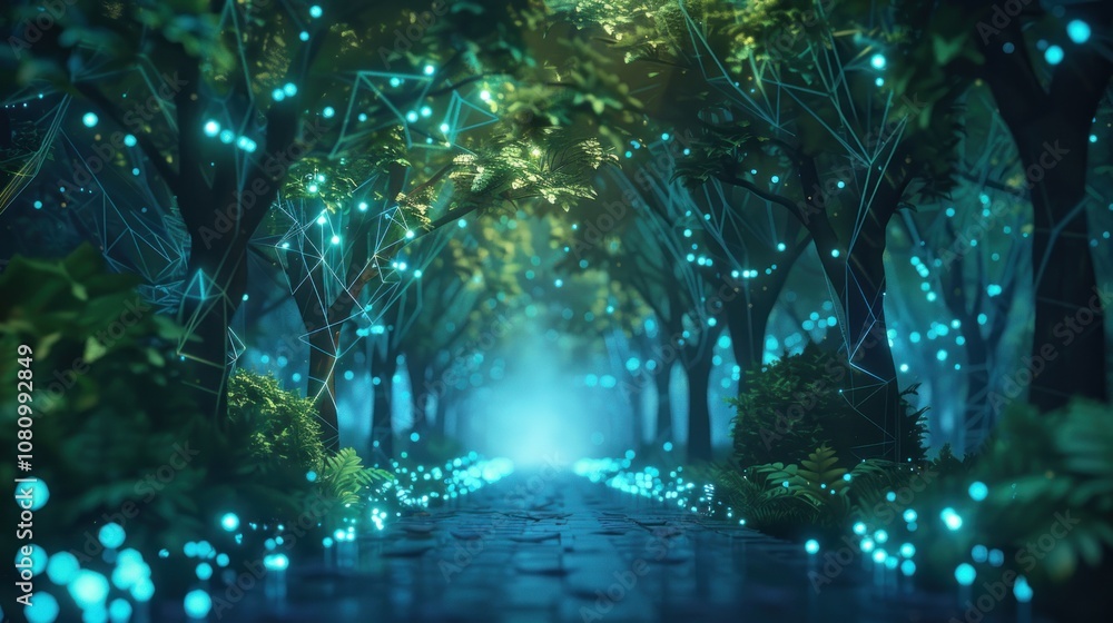Poster a mysterious path lined with trees and glowing blue light in a mystical forest.