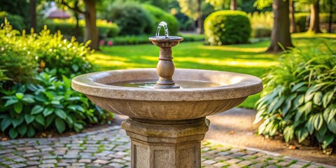 Drinking fountain with curved stone pedestal and rounded basin in a garden setting, peaceful water feature, outdoor decoration