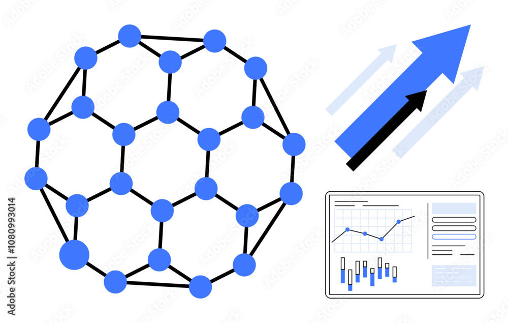 Poster spherical network diagram with connected nodes, upward arrows indicating growth, and data chart with