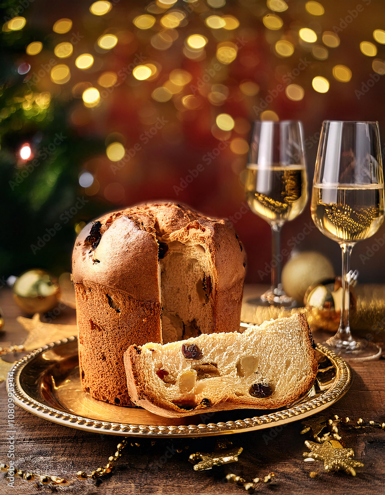 Poster a festive table setting with a panettone cake and two glasses of sparkling wine. generative ai