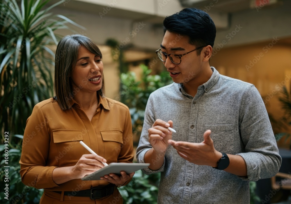 Poster two colleagues are discussing work using a digital tablet in a modern office environment