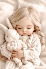 Adorable Little Girl with a baby doll and a rabbit doll, sleeping on a beige blanket, with a warm and cozy feel