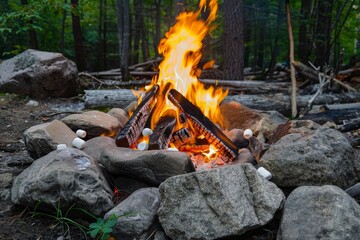A romantic dinner setup under a starlit sky, with a candlelit table and two chairs A campfire with marshmallows roasting and stories being told